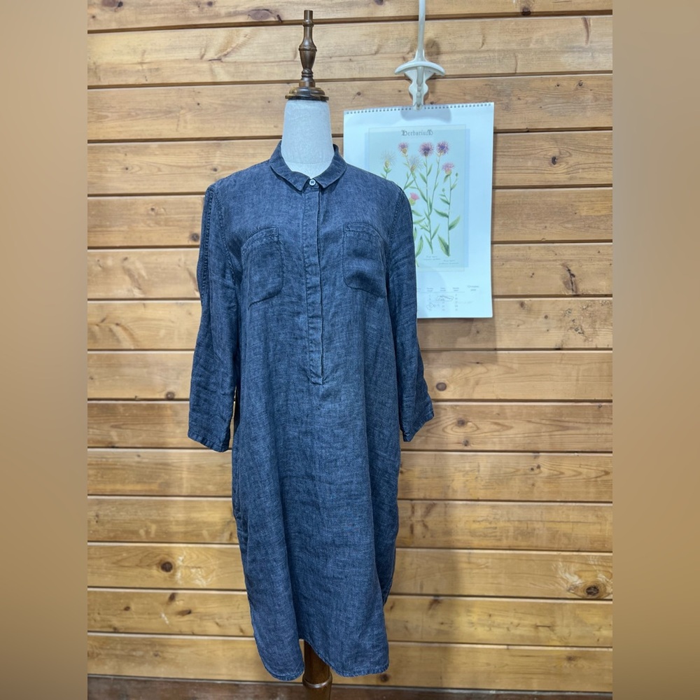 Eileen Fisher Washed Organic Linen Délavé Collared Shirtdress Easy Fit Medium